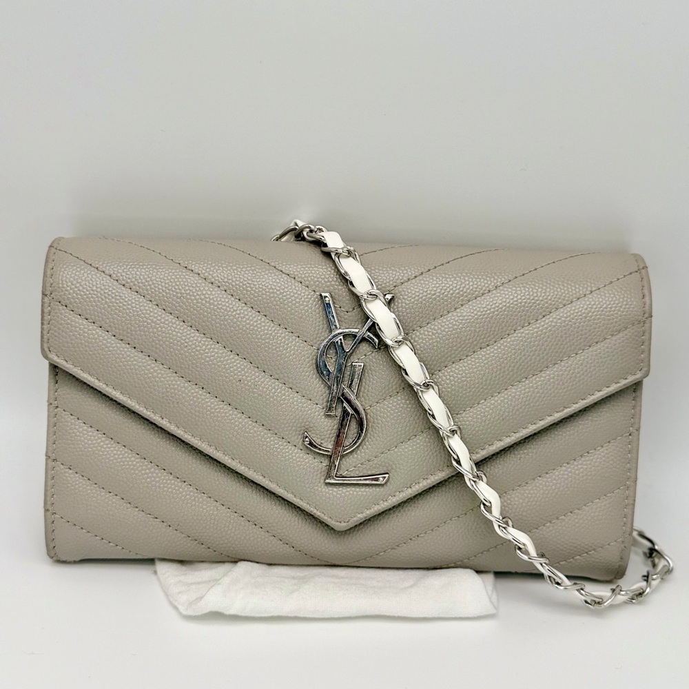 Yves Saint Laurent Taupe Quilted Leather Clutch Wallet on Chain